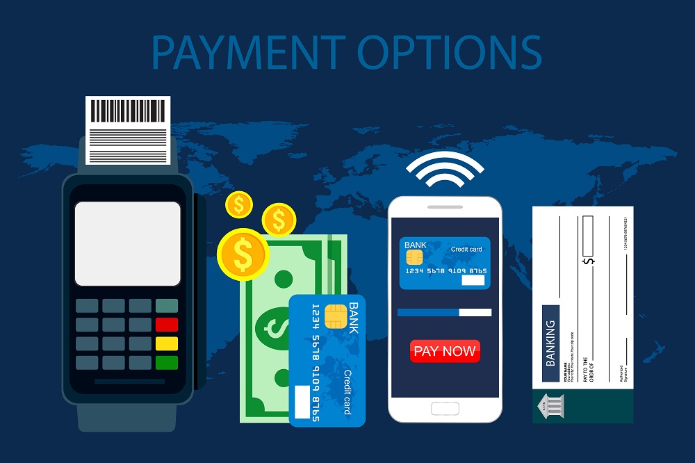 Multiple Payment Options against a blue background. Options are credit cards, cash and coin, phone and tap-to-pay options, and checks.